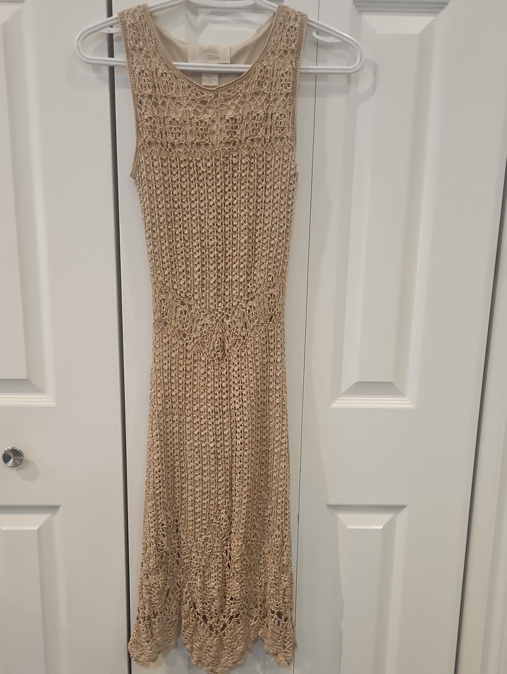 Lined, Sleeveless Beige Crochet Midi Dress
